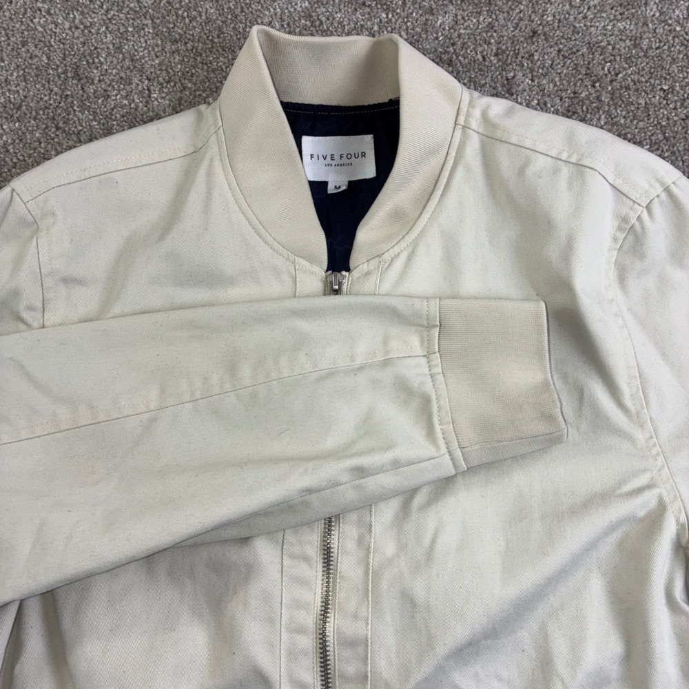 FIVE FOUR Mens Bomber Jacket Beige Cotton Polyester Blend Zipper‎ Casual Size M
